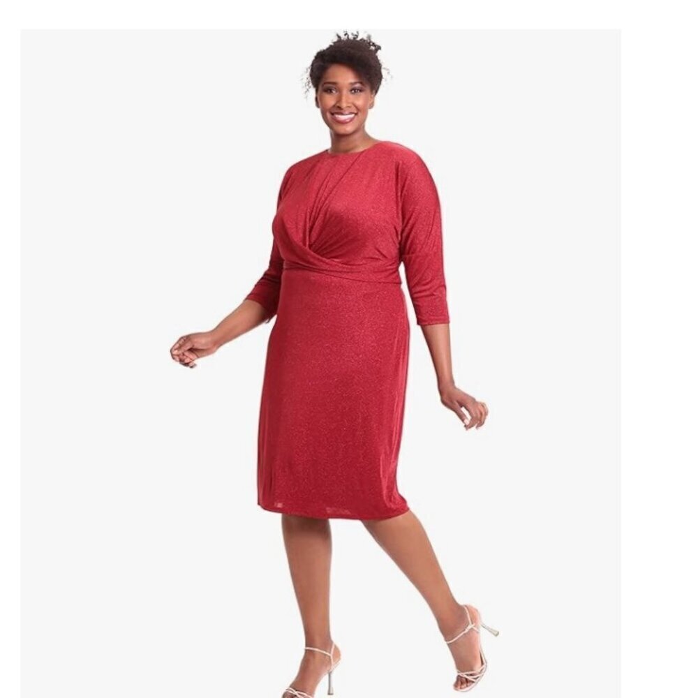 London Times Women's Plus Size 3/4 Sleeve Criss Cross Waist Dress, 14W